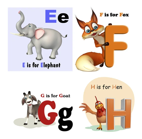 Elefante, zorro, cabra y gallina con alfabeto — Foto de Stock