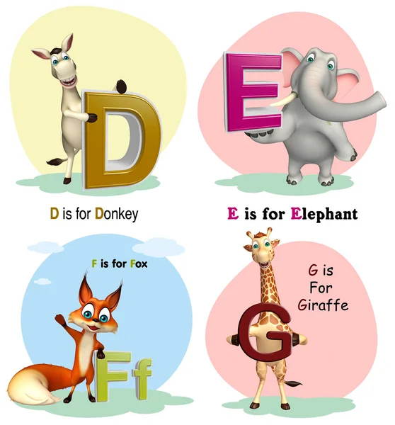 Âne, éléphant, renard et girafe avec alphabet — Photo