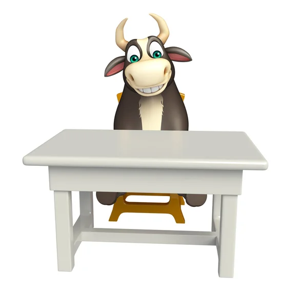 Бык мультяшный персонаж со столом и стулом — стоковое фото