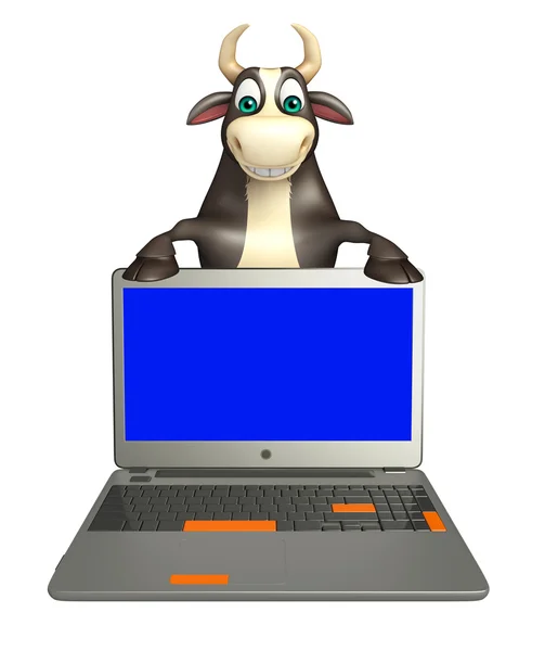 Stier Cartoon-Figur mit Laptop — Stockfoto