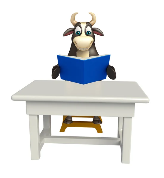 Bull kreslená postava s stůl a židle a kniha — Stock fotografie