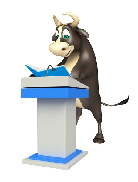 Stier-Cartoon-Figur mit Sprechtisch und Buch — Stockfoto