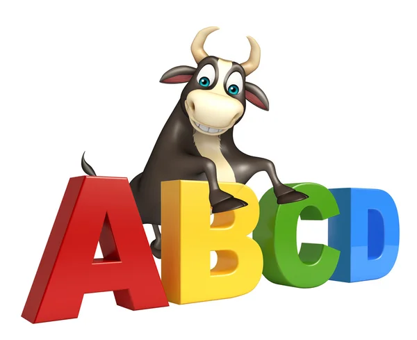 Toro personaje de dibujos animados con signo ABCD — Foto de Stock