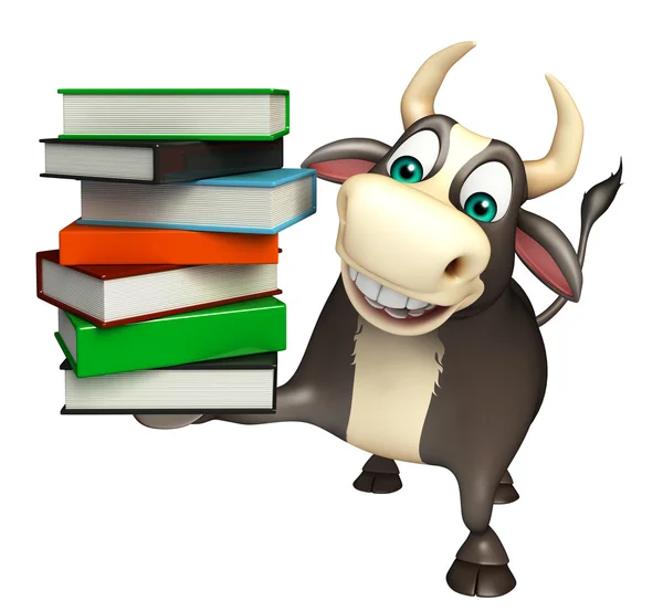 Caráter de desenho animado Bull com pilha de livro — Fotografia de Stock