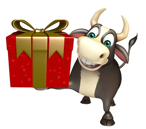 Bull stripfiguur met geschenkdoos — Stockfoto