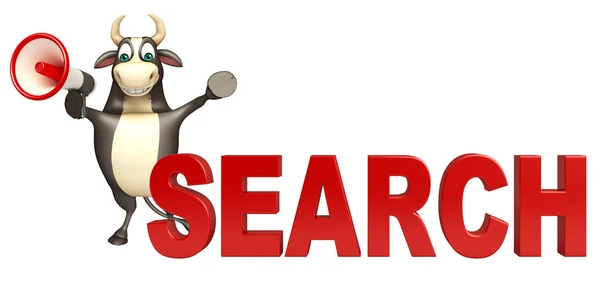 Bull cartoon character  with loudseaker and search sign — Stock Photo, Image