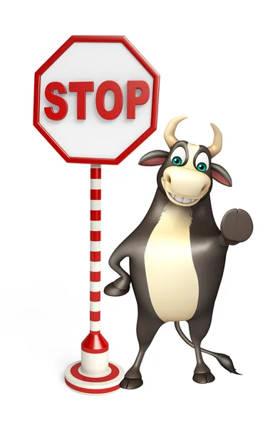 Stier-Cartoon-Figur mit Stoppschild — Stockfoto