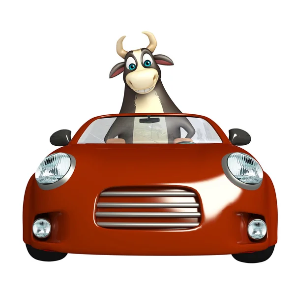 Caráter de desenho animado Bull com carro — Fotografia de Stock