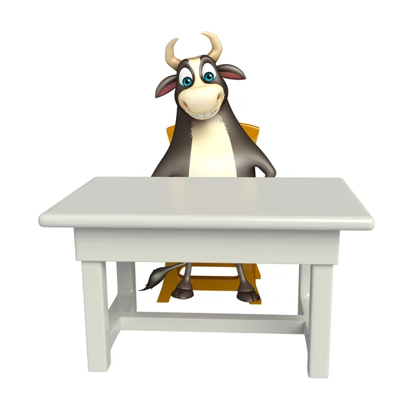 Stier-Cartoon-Figur mit Tisch und Stuhl — Stockfoto