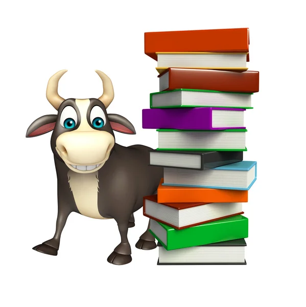 Bull cartoon character with book stack — Stock Photo, Image