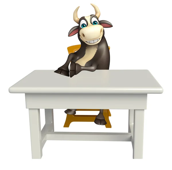 テーブルと椅子のある牛漫画のキャラクター — ストック写真