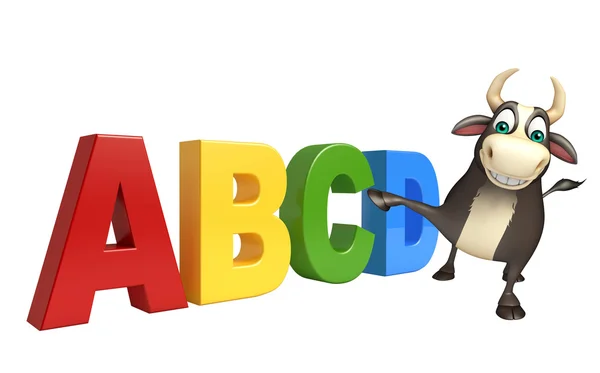 Toro personaje de dibujos animados con signo ABCD — Foto de Stock
