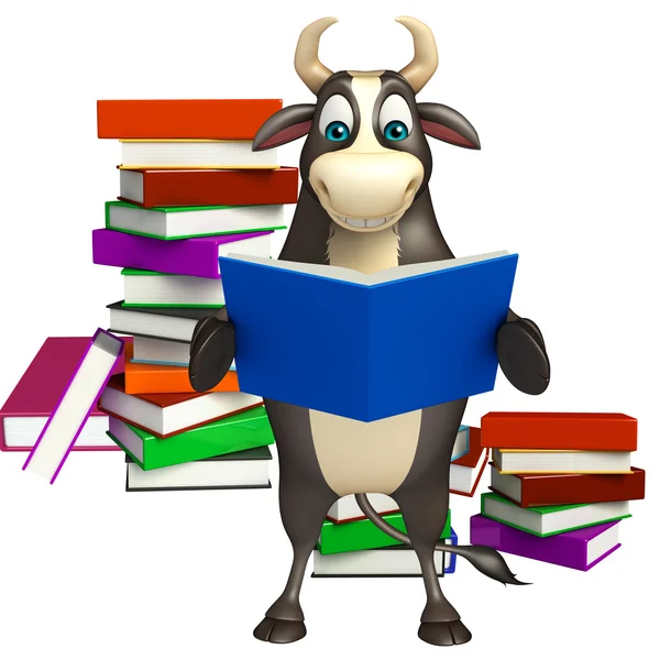 Caráter de desenho animado Bull com pilha de livro — Fotografia de Stock