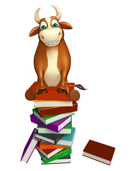 Diversão Bull personagem dos desenhos animados com pilha de livro — Fotografia de Stock