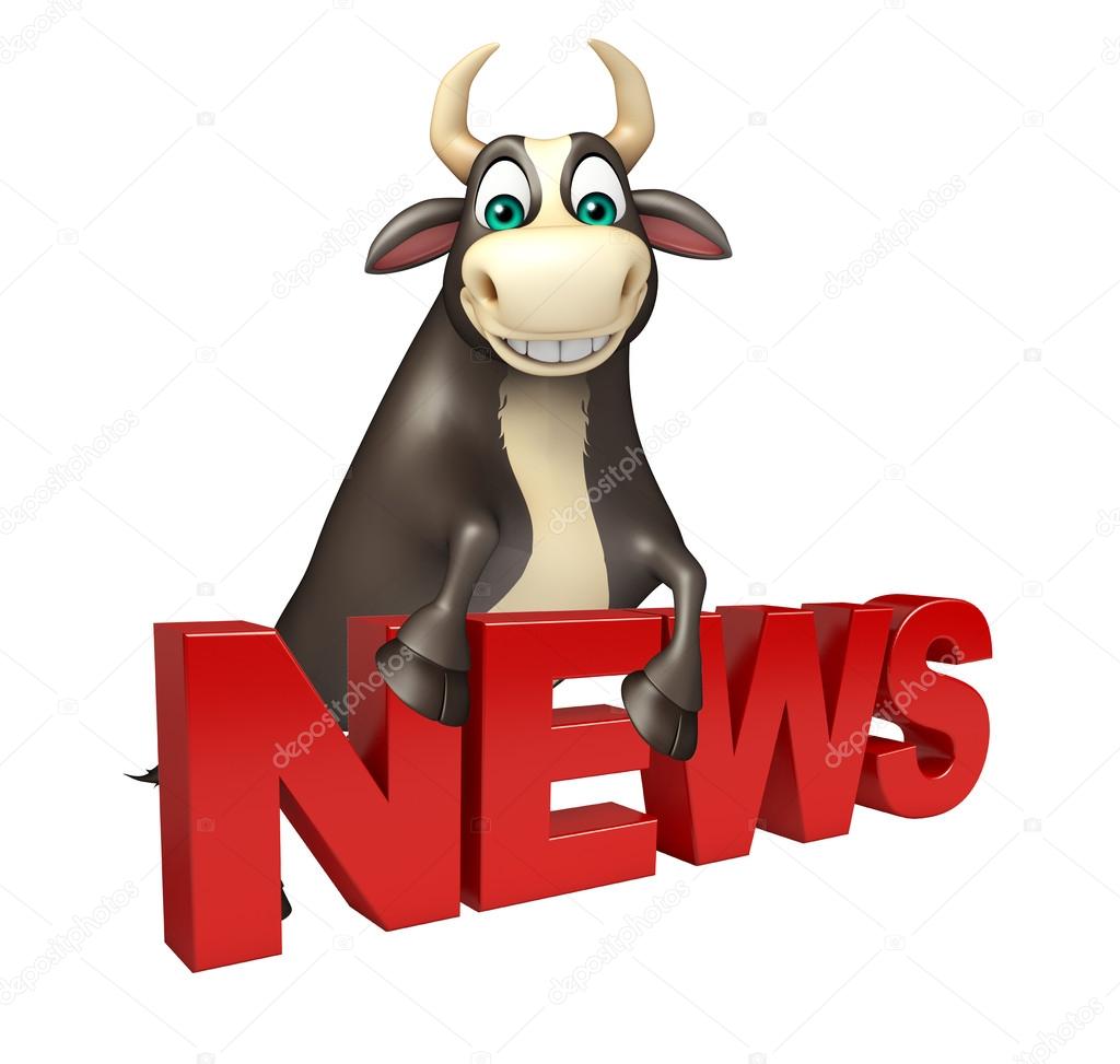 Bull cartoon character with news sign  