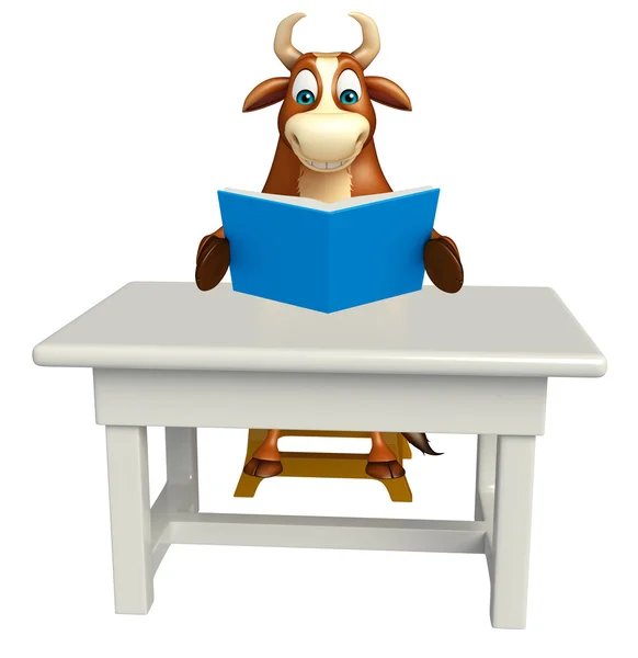 Roztomilé kreslené postavičky Bull s stůl a židle — Stock fotografie