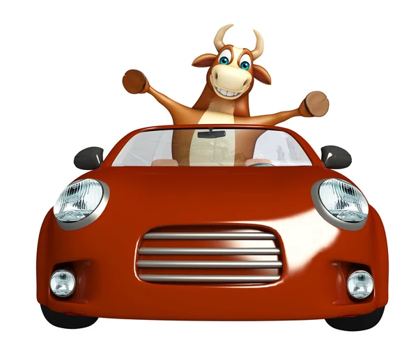 Divertido personagem de desenho animado Bull personagem de desenho animado Bull com carro — Fotografia de Stock