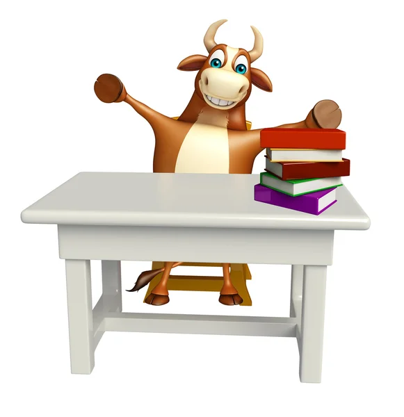 楽しいとテーブルと椅子と本スタック牛漫画のキャラクター — ストック写真