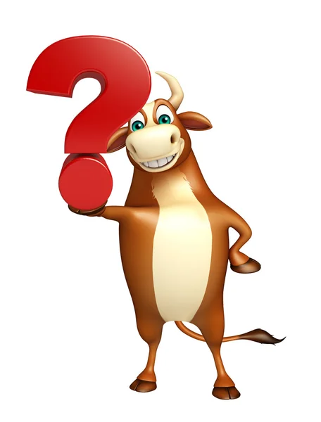 Fun Bull cartoon character with question mark sign — Stock Photo, Image