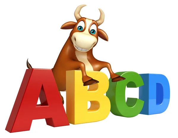 Divertido personaje de dibujos animados Bull con signo ABCD — Foto de Stock