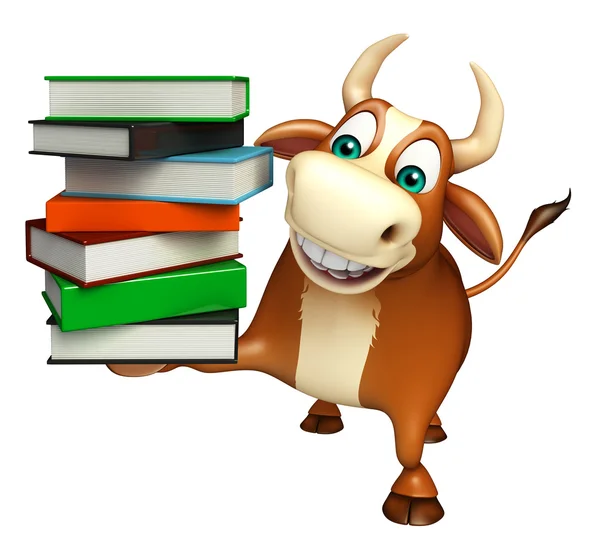Cute Bull cartoon character with book stack — Stock Photo, Image