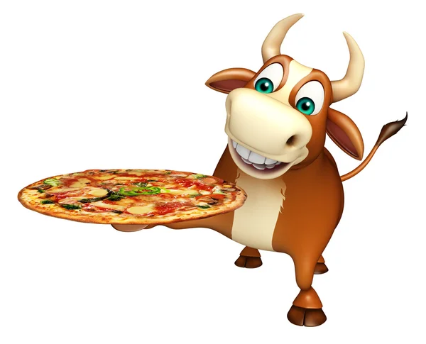 Διασκέδαση Bull χαρακτήρα κινουμένων σχεδίων με πίτσα — Φωτογραφία Αρχείου