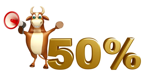 Divertido personaje de dibujos animados Bull con loudseaker y 50% signo —  Fotos de Stock