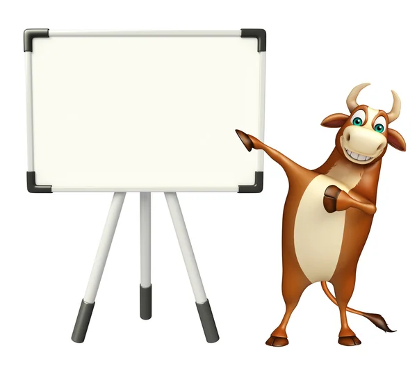 Divertido personaje de dibujos animados Bull con tablero blanco — Foto de Stock