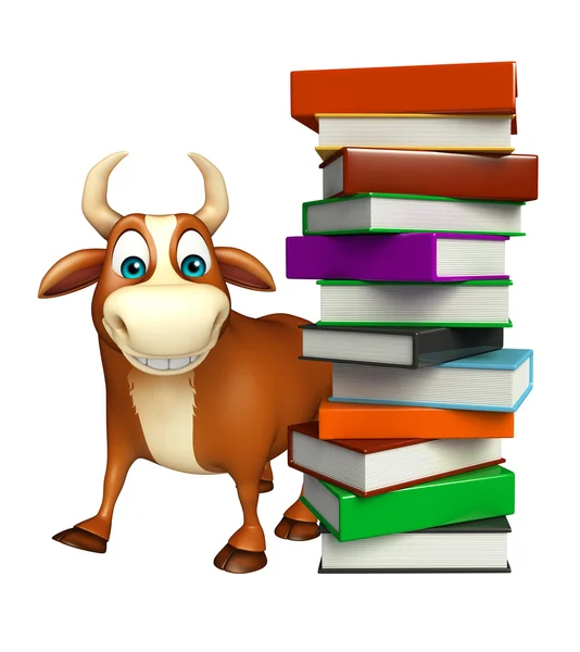 Personagem de desenho animado Bull bonito com pilha de livro — Fotografia de Stock