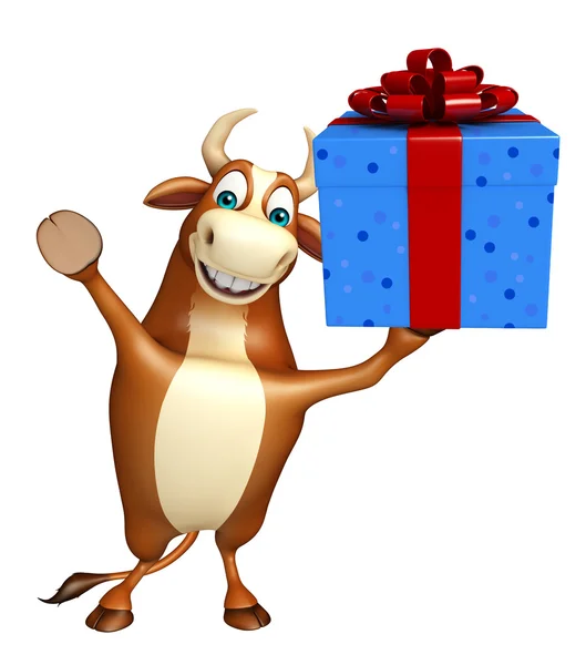 Szórakoztató bika rajzfilmfigura és ajándék doboz — Stock Fotó