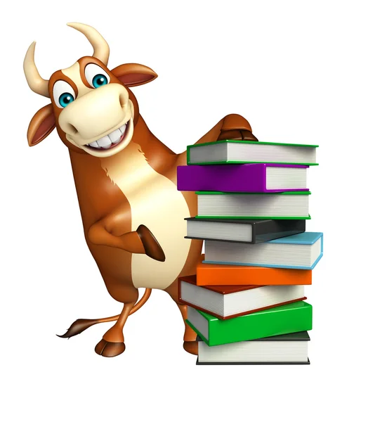 Personagem de desenho animado Bull bonito com pilha de livro — Fotografia de Stock