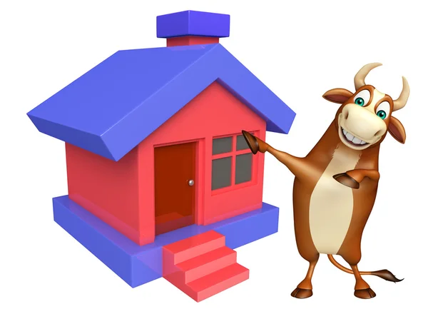 Diversión Bull personaje de dibujos animados con el hogar — Foto de Stock