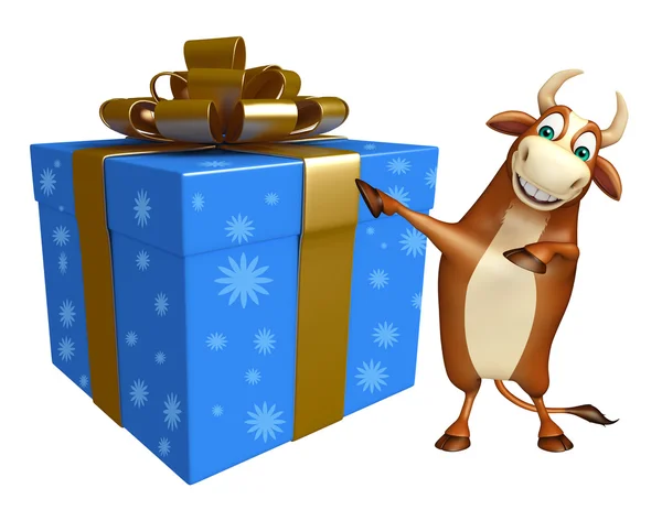 Divertido personaje de dibujos animados Bull con Giftbox —  Fotos de Stock