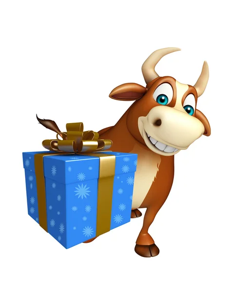 Divertido personaje de dibujos animados Bull con Giftbox —  Fotos de Stock
