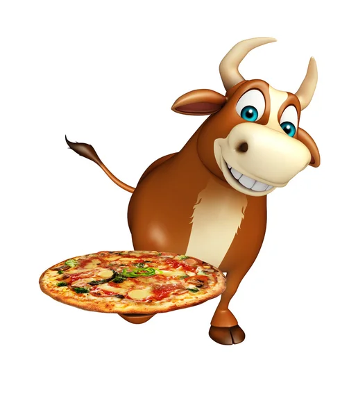 Διασκέδαση Bull χαρακτήρα κινουμένων σχεδίων με πίτσα — Φωτογραφία Αρχείου
