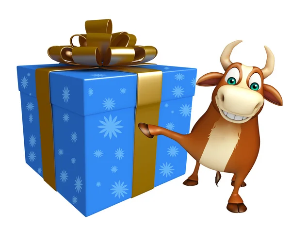 Leuke Bull stripfiguur met geschenkdoos — Stockfoto