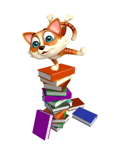 Cute  cat cartoon character book stack — Stock Photo, Image