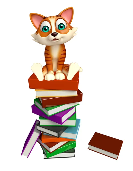 Cute  cat cartoon character book stack — Stock Photo, Image