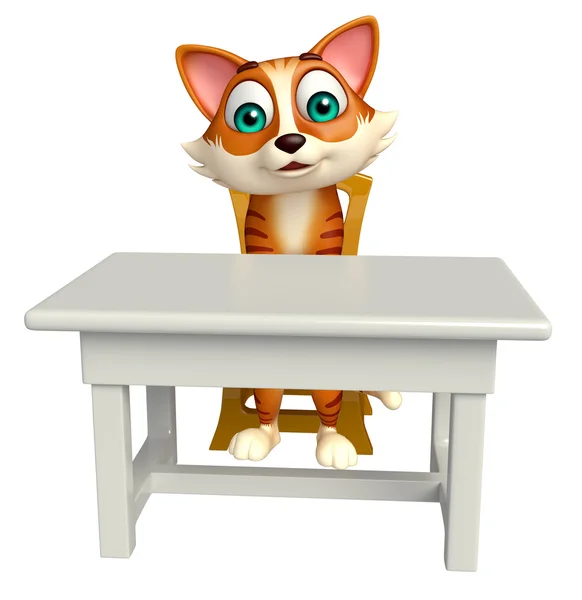 Personaje de dibujos animados gato con mesa y silla —  Fotos de Stock