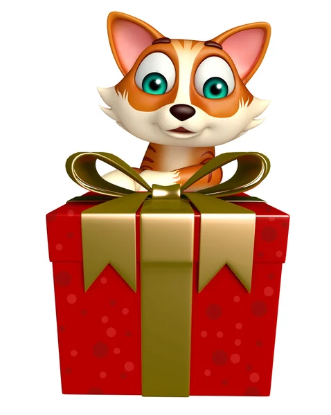 Spaß Katze Cartoon-Figur mit Geschenkbox — Stockfoto