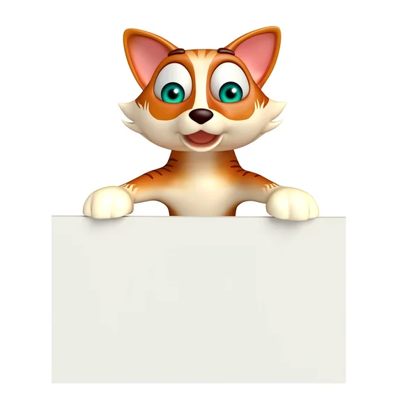 Personagem divertido desenho animado gato com placa branca — Fotografia de Stock