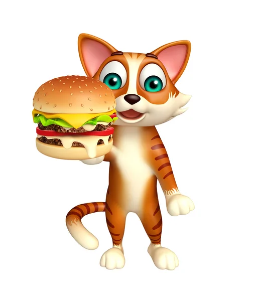 Şirin kedi çizgi film karakteri ile burger — Stok fotoğraf