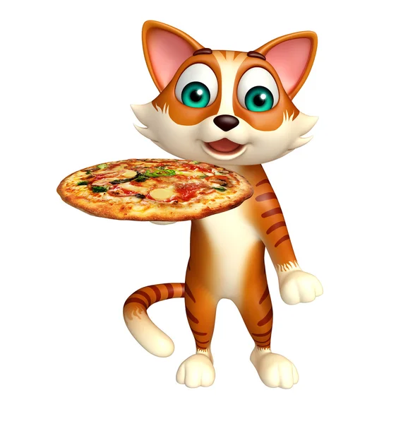 Fun cat cartoon character with pizza — Stock Photo, Image