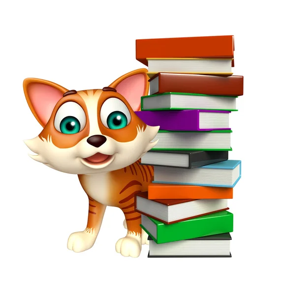 Bonito gato desenho animado personagem livro pilha — Fotografia de Stock