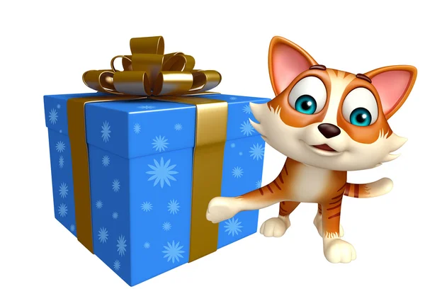 Divertido gato personaje de dibujos animados con caja de regalo —  Fotos de Stock