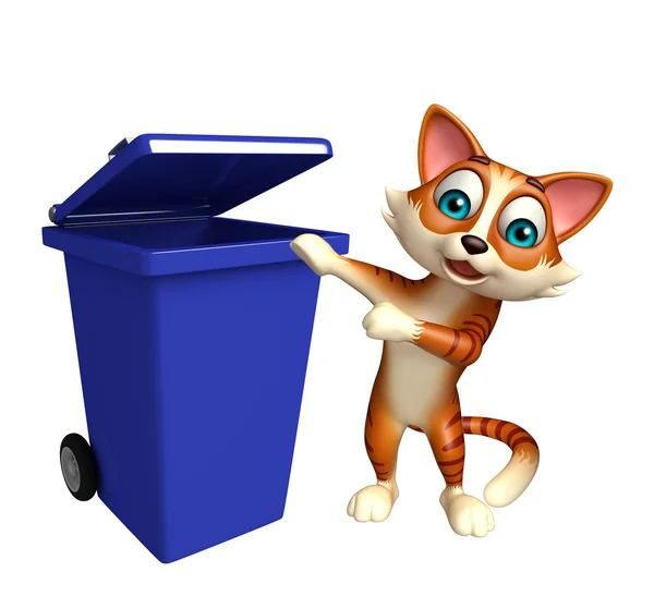 Gato personaje de dibujos animados con cubo de basura — Foto de Stock