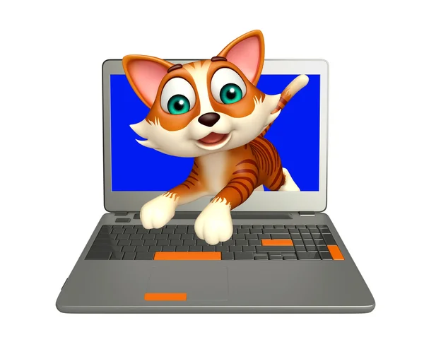 与笔记本电脑的可爱猫咪卡通人物 — 图库照片