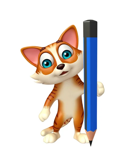 Personagem de desenho animado gato com lápis — Fotografia de Stock