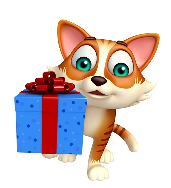 Fun cat cartoon character with gift box — Stock Photo, Image