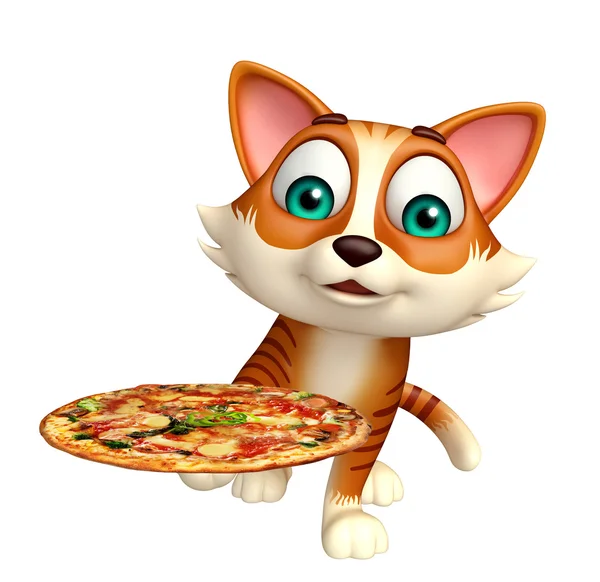 Fun cat cartoon character with pizza — Stock Photo, Image